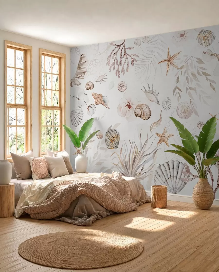 murales de pared Patrón marino acuarela, estilo boho, conchas marinas, corales, algodón, colores beige w00851