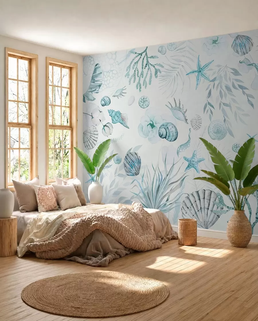 murales de pared Patrón marino acuarela, estilo boho, conchas marinas, corales, algodón, colores azules w00851v1