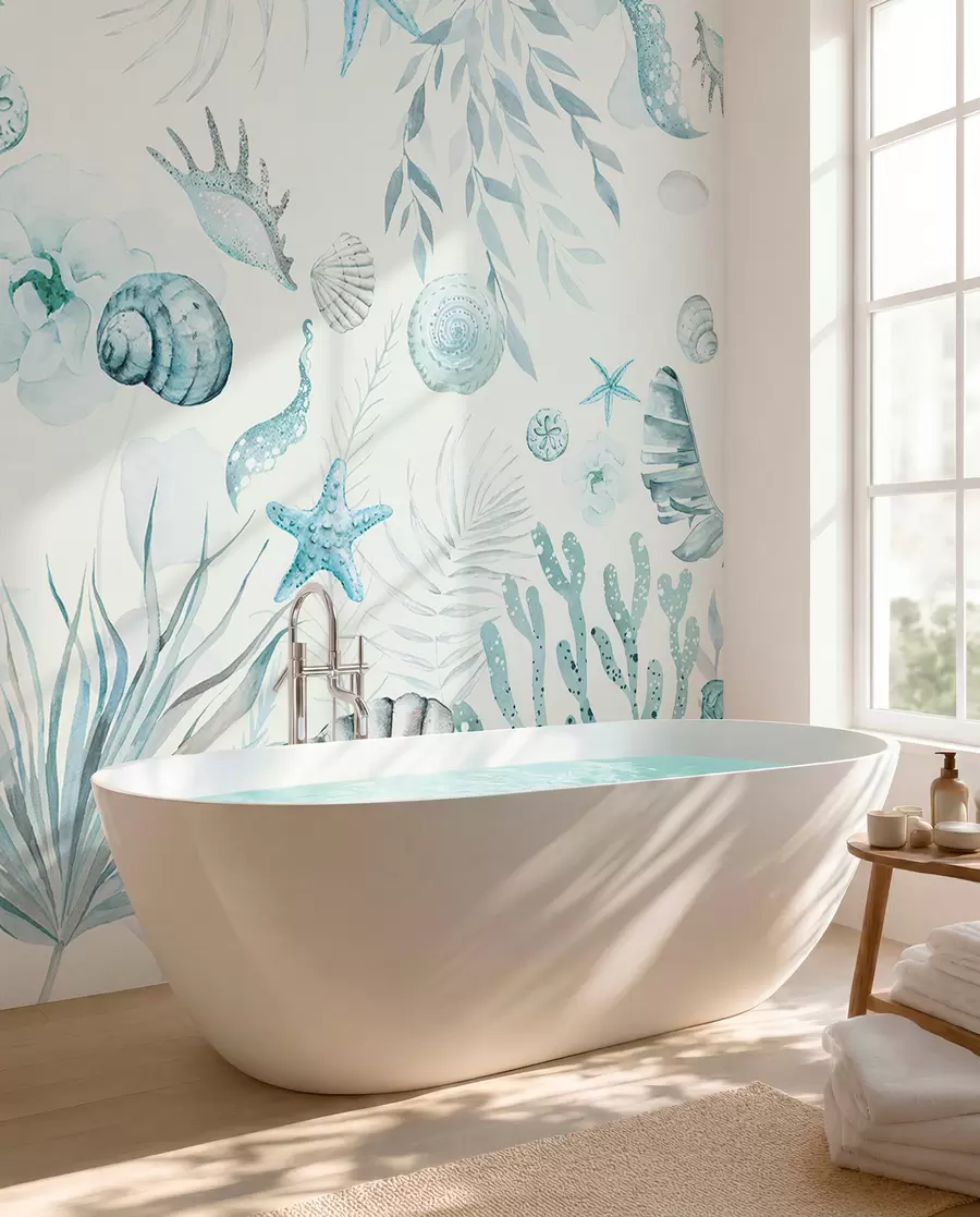 murales de pared Patrón marino acuarela, estilo boho, conchas marinas, corales, algodón, colores azules w00851v1