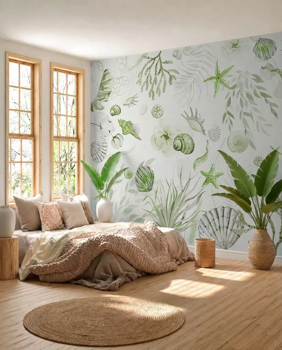 murales de pared Patrón marino acuarela, estilo boho, conchas marinas, corales, algodón, colores verdes w00851v2