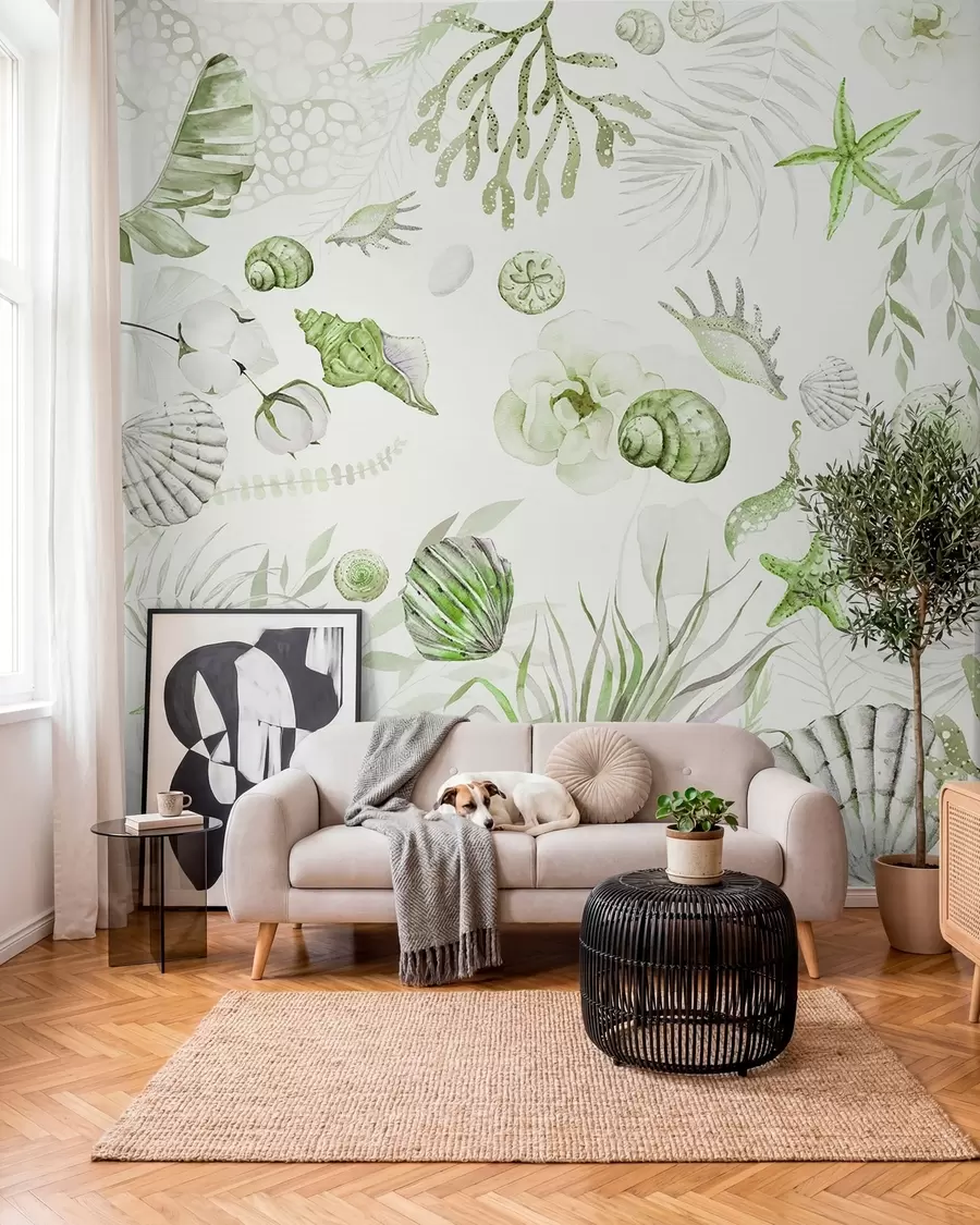 murales de pared Patrón marino acuarela, estilo boho, conchas marinas, corales, algodón, colores verdes w00851v2