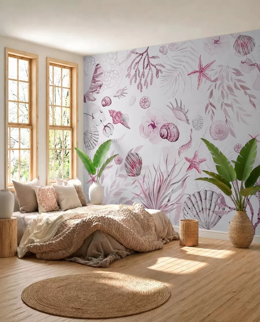 murales de pared Patrón marino acuarela, estilo boho, conchas marinas, corales, algodón, colores rosados w00851v3