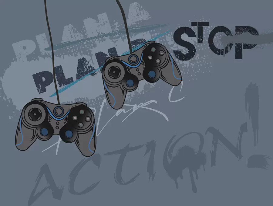 murales de pared Papel pintado infantil para adolescente con joysticks y letras gráficas en azul w00829