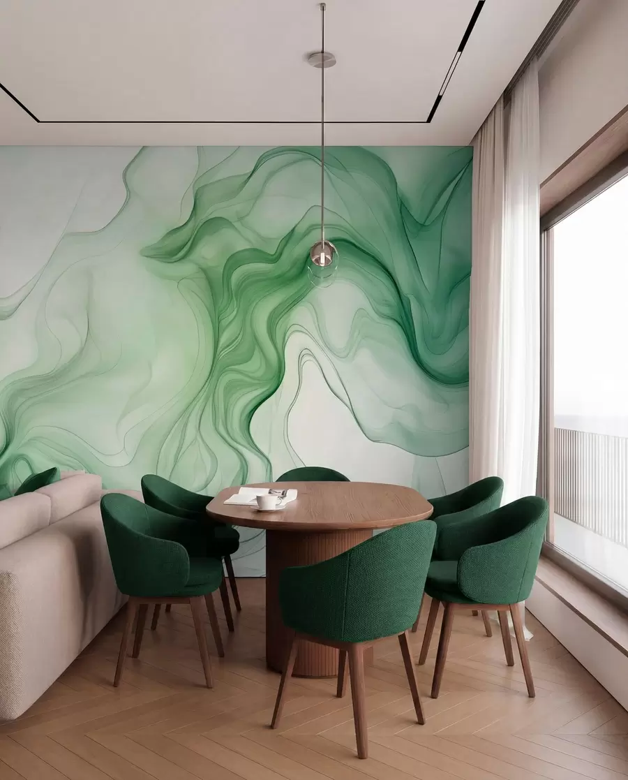 murales de pared Ondas abstractas verdes sobre un fondo claro w01185
