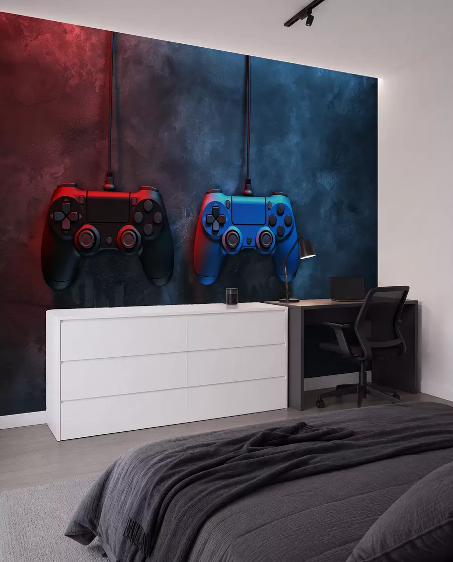 murales de pared DualShock negro y azul sobre un fondo oscuro w01189