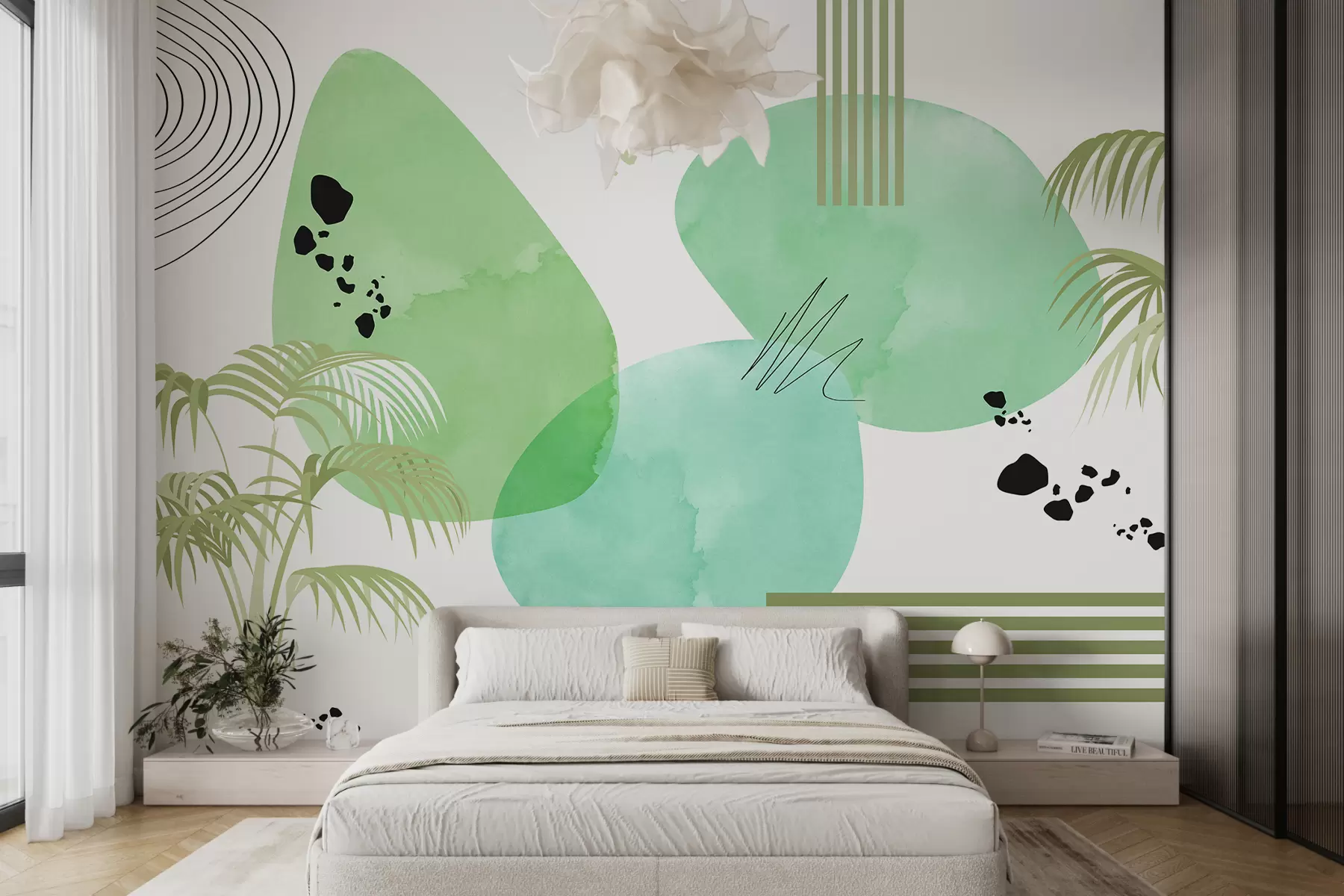 murales de pared Abstracción boho, manchas de acuarela, rayas, líneas curvas, palmera, color verde w01199v1