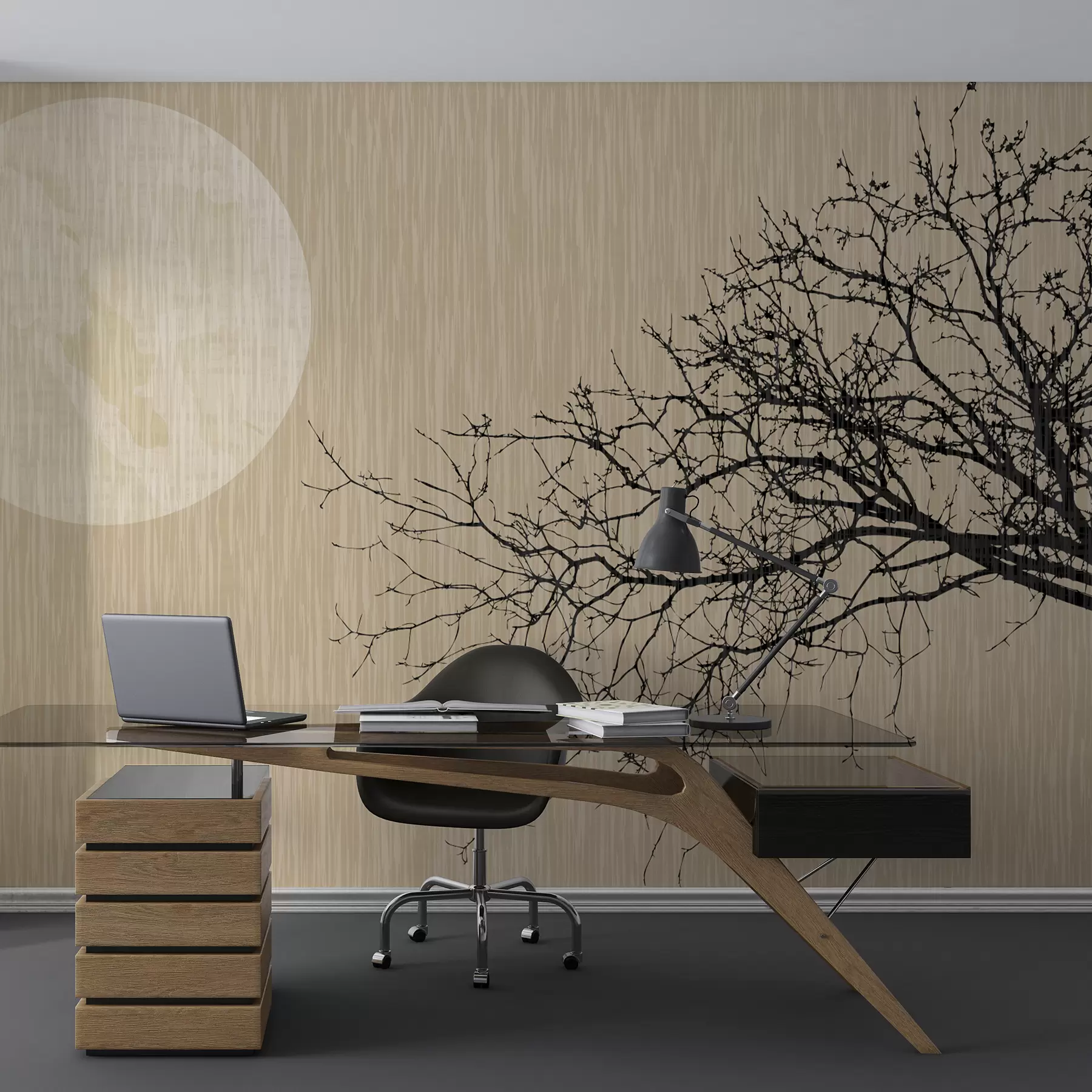 murales de pared Silueta de árbol y luna llena sobre fondo marrón w00934