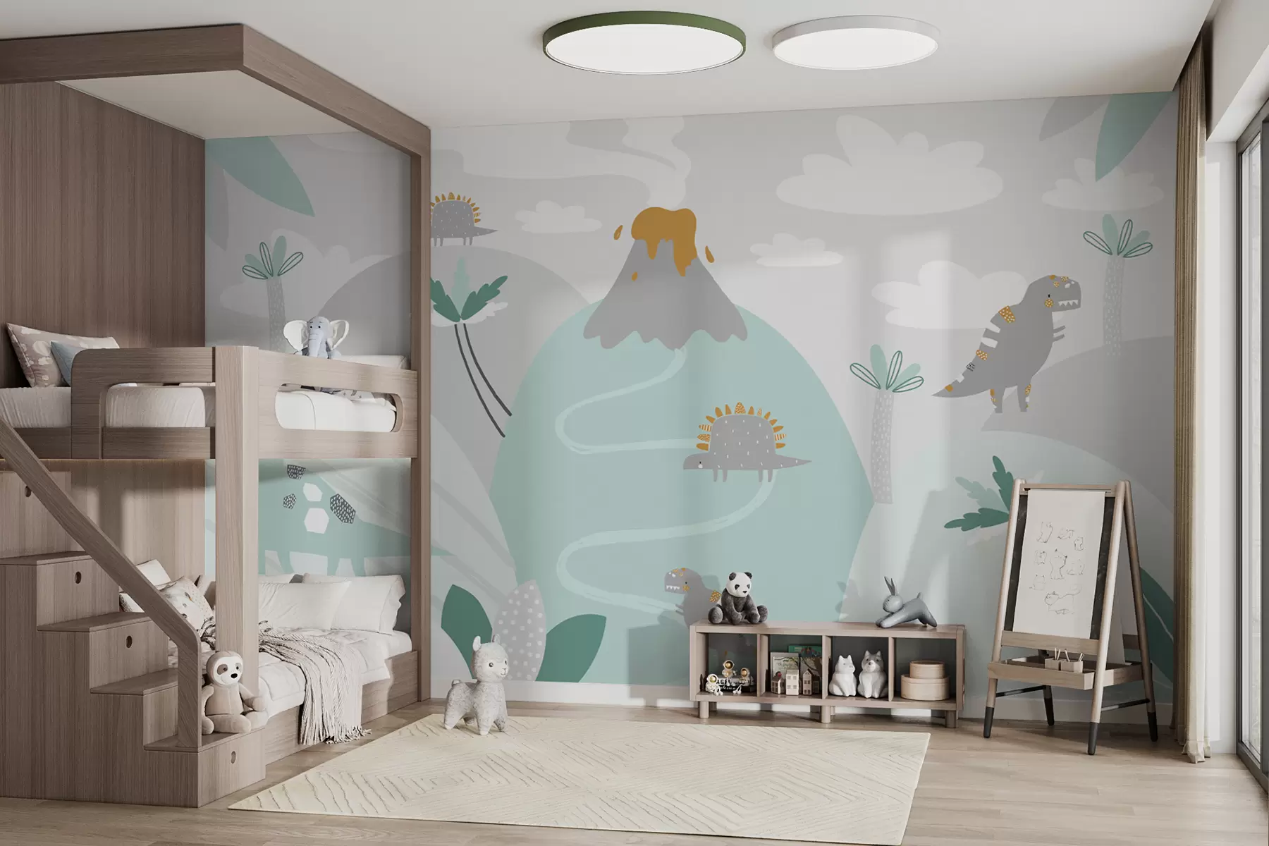 murales de pared montañas, volcanes y dinosaurios en tonos azules w00937