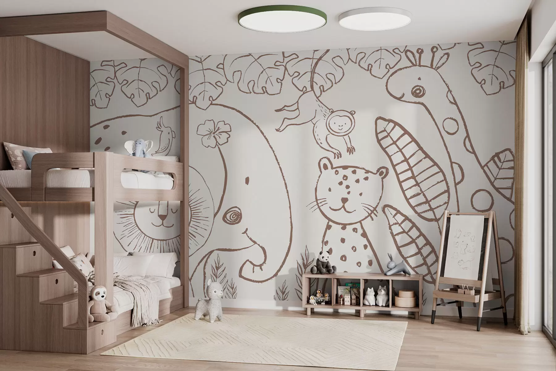 murales de pared Divertidos animales africanos al estilo escandinavo para niños. w01268