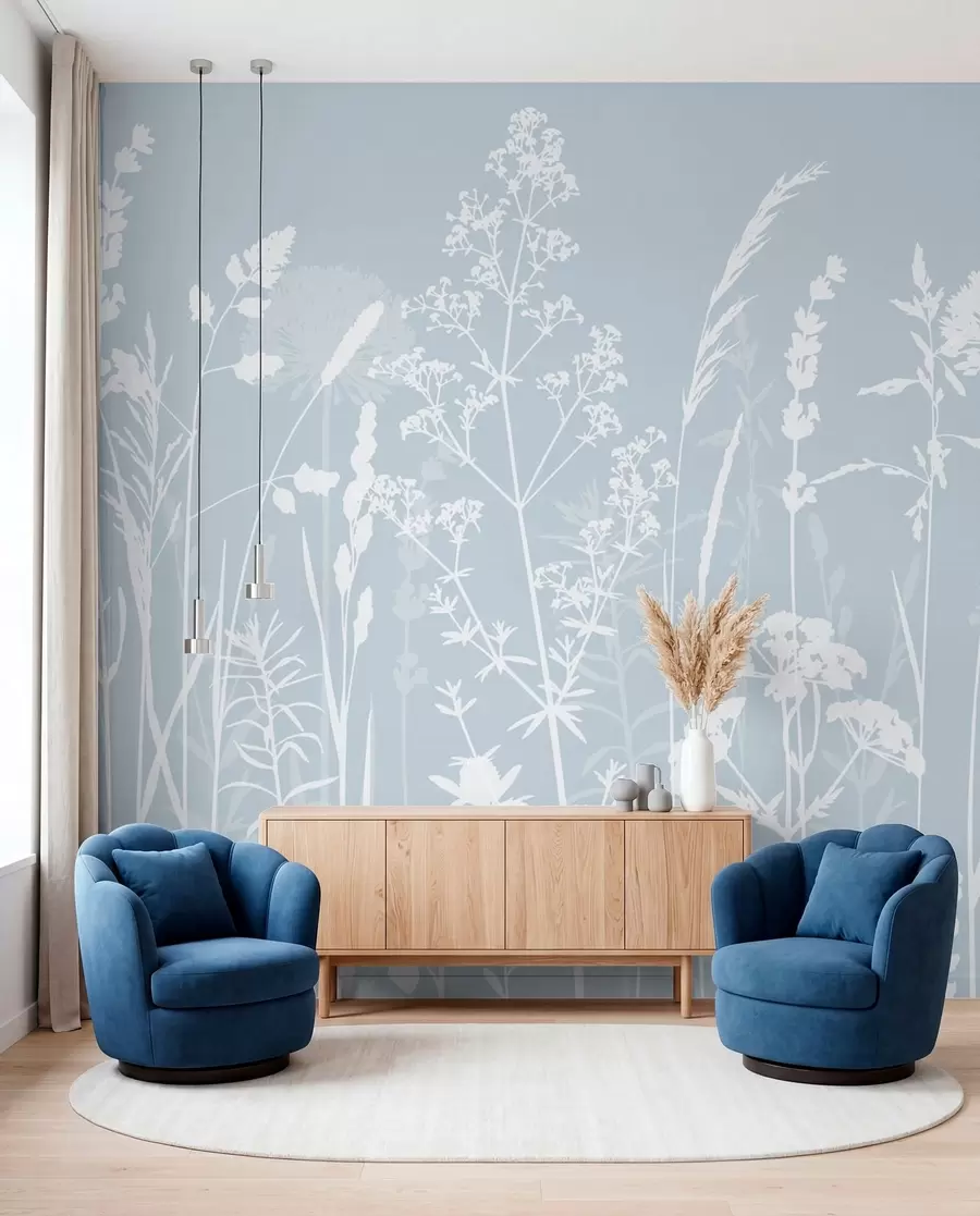 murales de pared Suaves plantas de campo y flores minimalistas de color gris w01270v4
