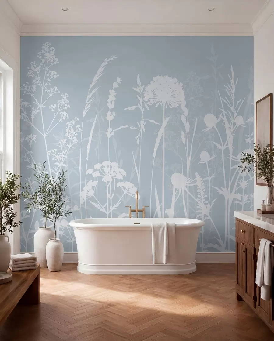 murales de pared Suaves plantas de campo y flores minimalistas de color gris w01270v4