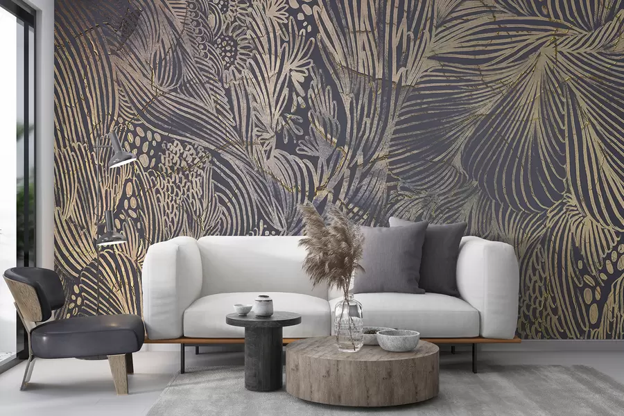 murales de pared Lujoso estampado de textura abstracta con formas y líneas orgánicas superpuestas w01243
