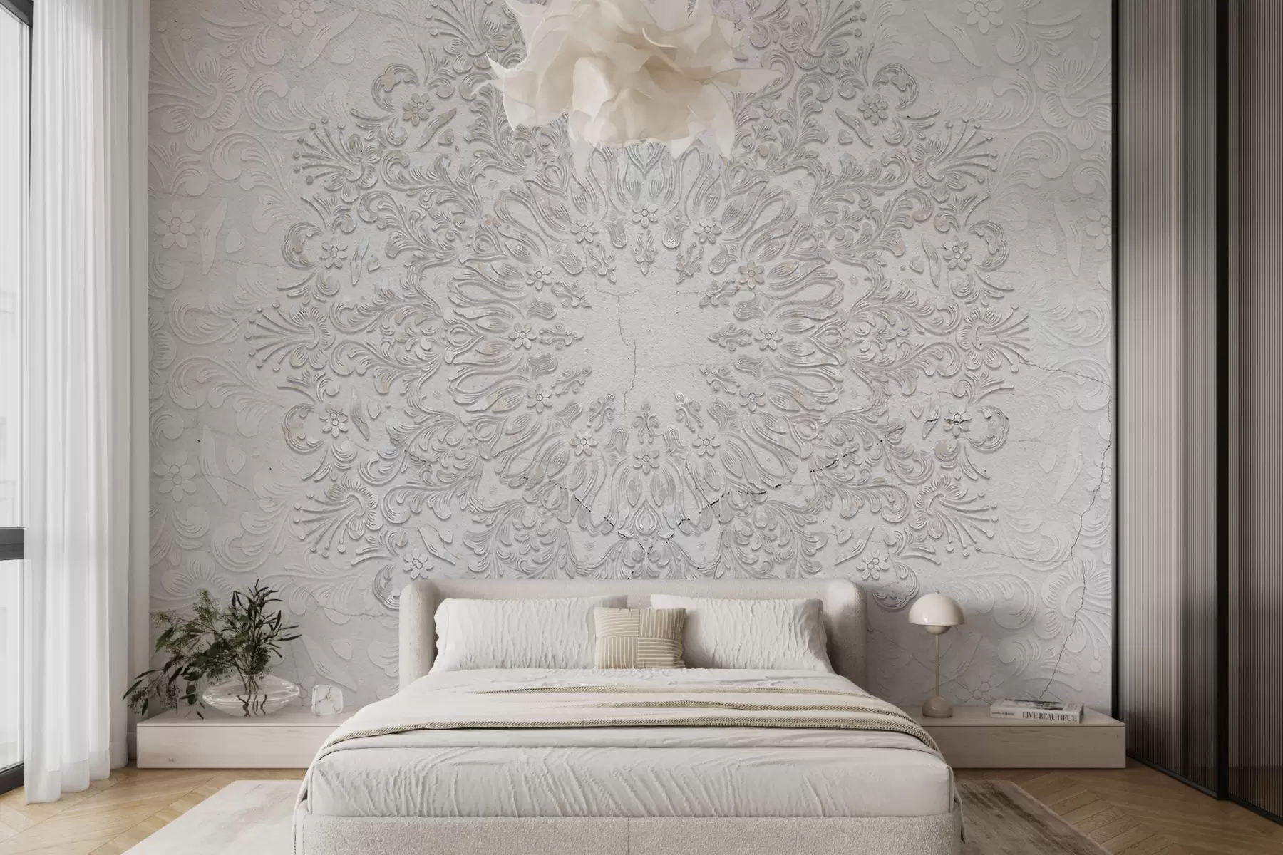 murales de pared Un estampado de mandala muy detallado que crea un hermoso y delicado diseño de encaje w01249