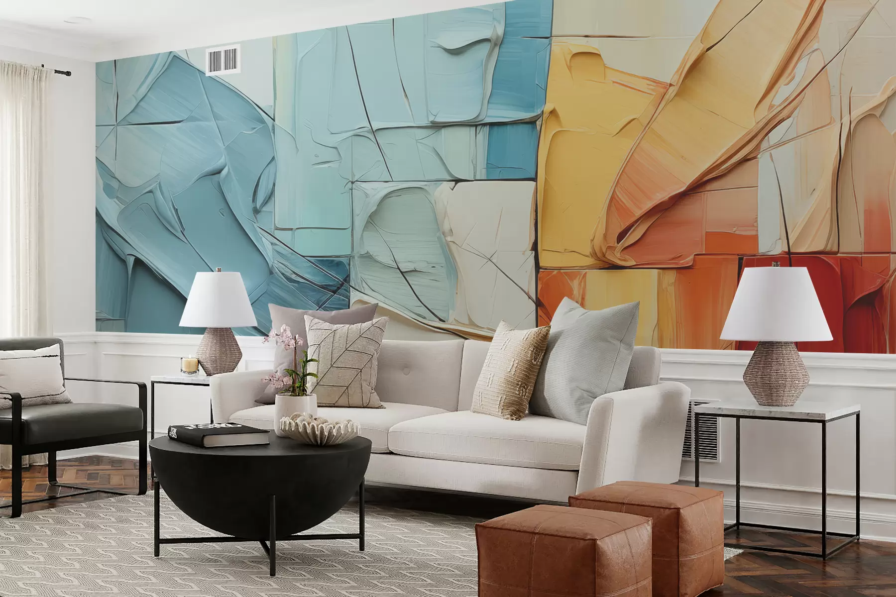 murales de pared Piezas volumétricas de pintura, grietas, azul, naranja, amarillo, rojo. w01304