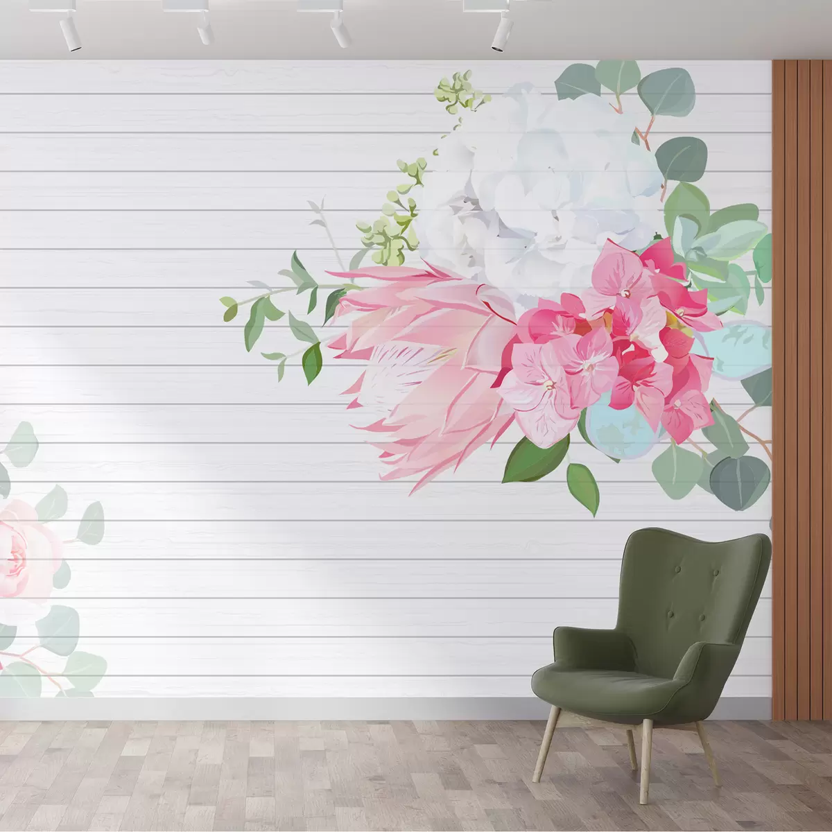 murales de pared flores brillantes sobre un fondo de paneles de madera blancos w01329