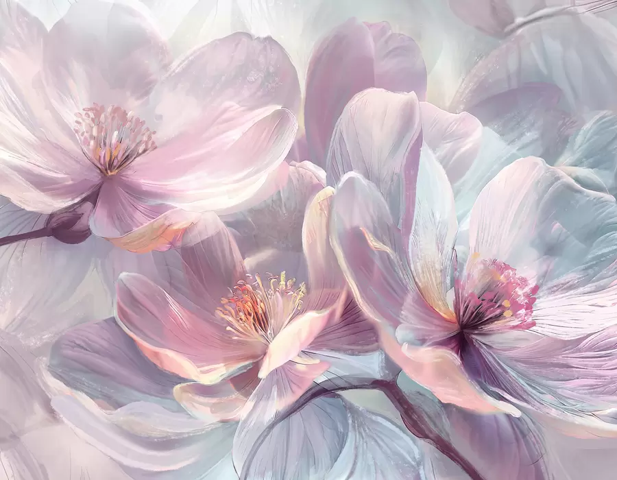 murales de pared Delicadas flores transparentes de neón pastel, rosa claro y blanco, con fondo suave y borroso w01307