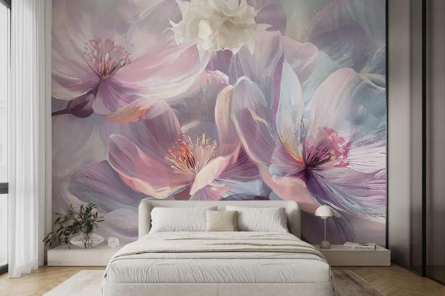 murales de pared Delicadas flores transparentes de neón pastel, rosa claro y blanco, con fondo suave y borroso w01307
