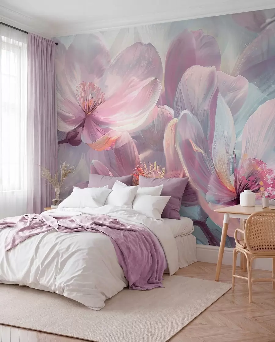 murales de pared Delicadas flores transparentes de neón pastel, rosa claro y blanco, con fondo suave y borroso w01307
