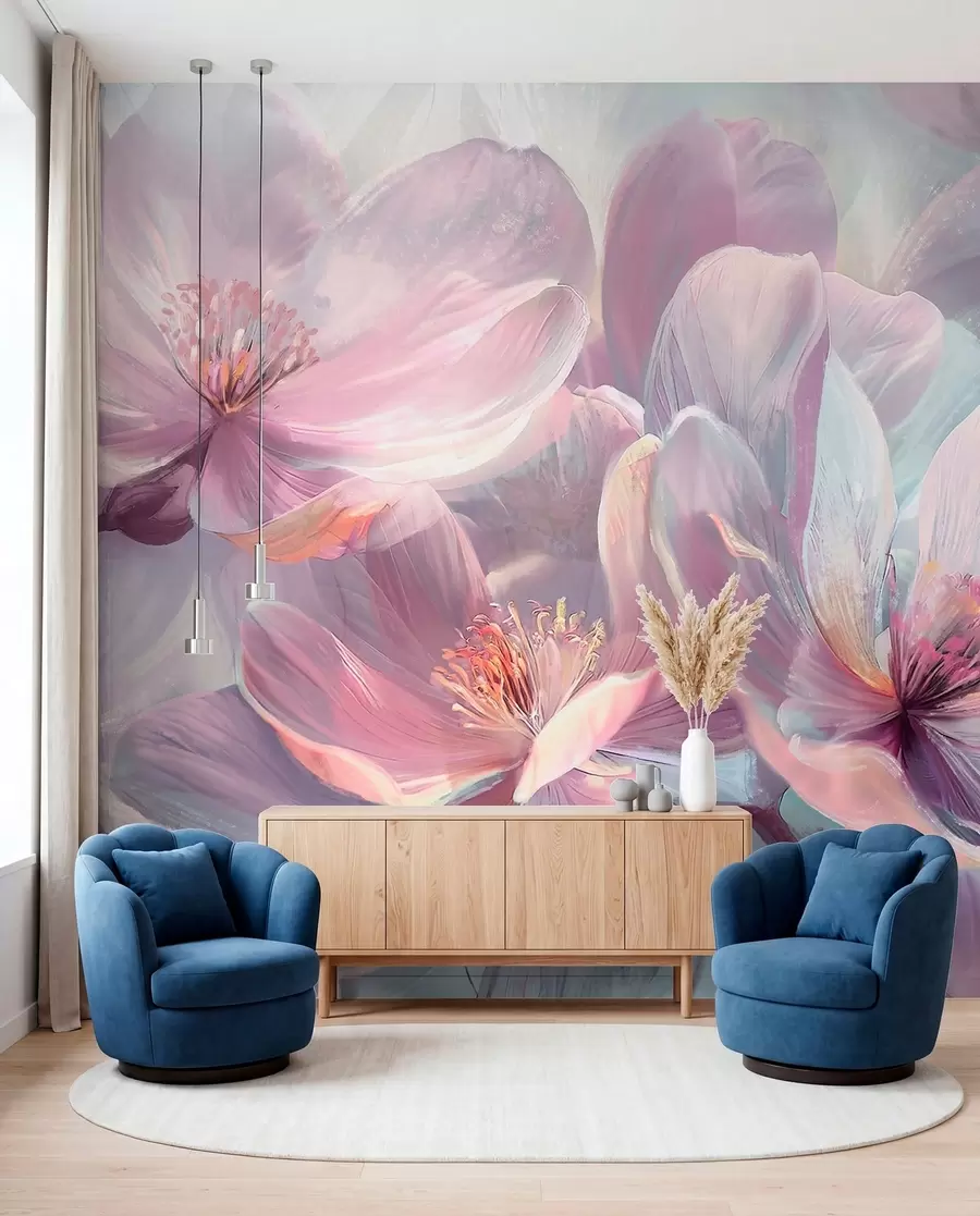 murales de pared Delicadas flores transparentes de neón pastel, rosa claro y blanco, con fondo suave y borroso w01307