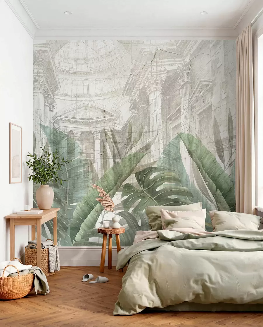 murales de pared Un gran dibujo arquitectónico adornado con columnas de mármol y exuberantes plantas verdes tropicales.  w01311