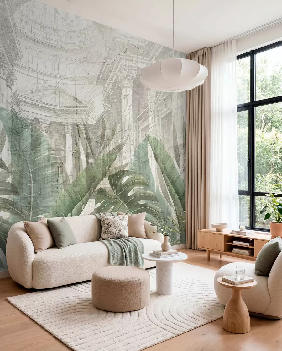murales de pared Un gran dibujo arquitectónico adornado con columnas de mármol y exuberantes plantas verdes tropicales.  w01311