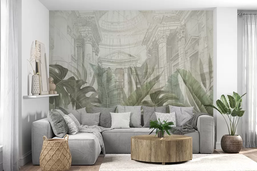 murales de pared Un gran dibujo arquitectónico adornado con columnas de mármol y exuberantes plantas verdes tropicales.  w01311