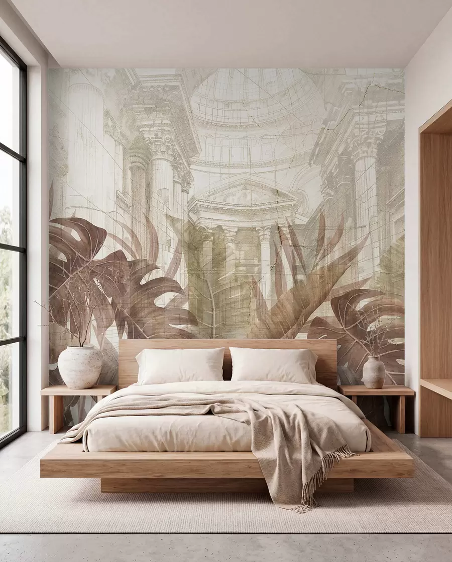 murales de pared Un gran dibujo arquitectónico adornado con columnas de mármol y exuberantes plantas tropicales de color sepia.  w01311v1