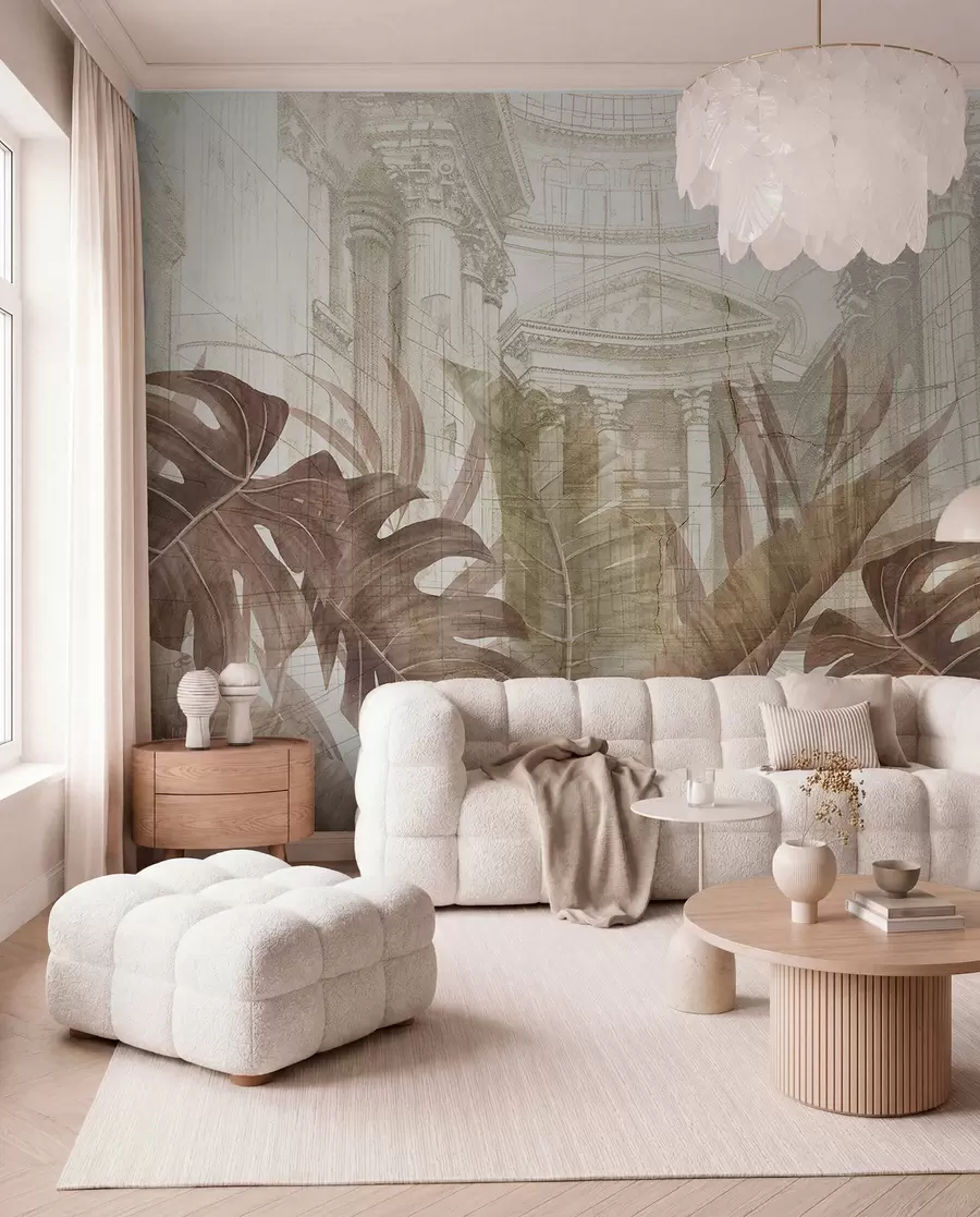 murales de pared Un gran dibujo arquitectónico adornado con columnas de mármol y exuberantes plantas tropicales de color sepia.  w01311v1