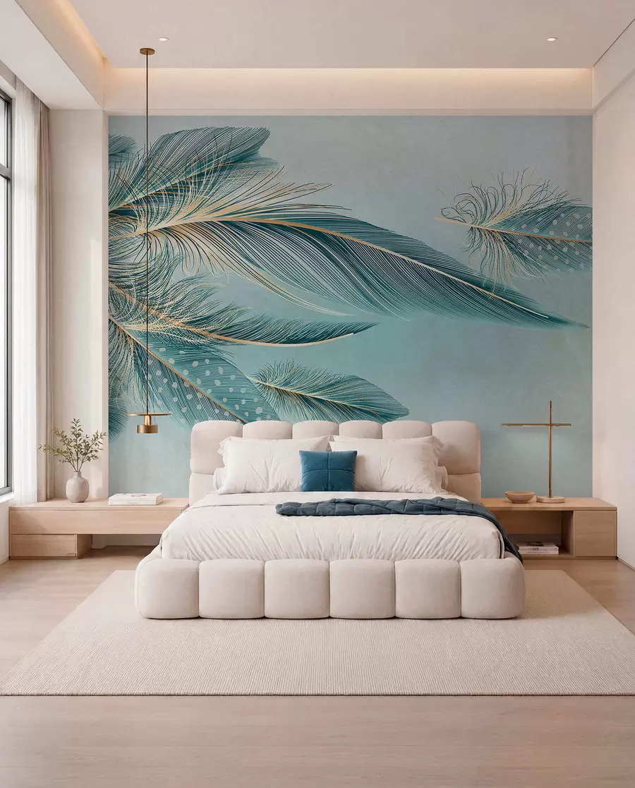 murales de pared Delicadas plumas en tonos azules w01312