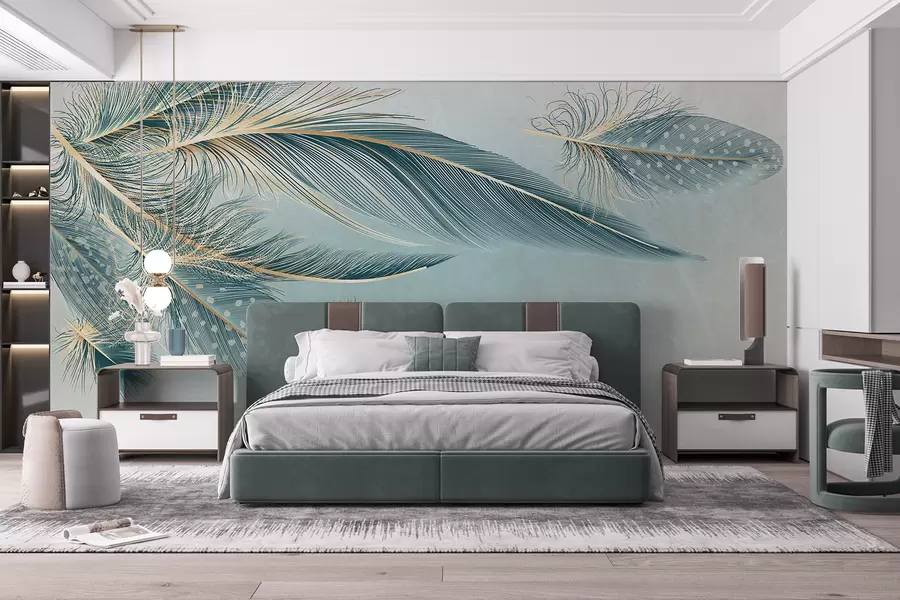 murales de pared Delicadas plumas en tonos azules w01312