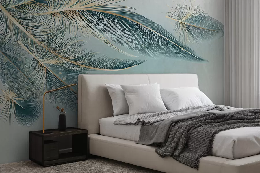 murales de pared Delicadas plumas en tonos azules w01312