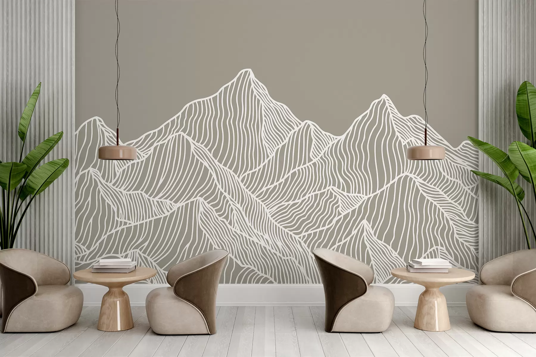 murales de pared Montañas lineales de color blanco sobre fondo beige w01214v2
