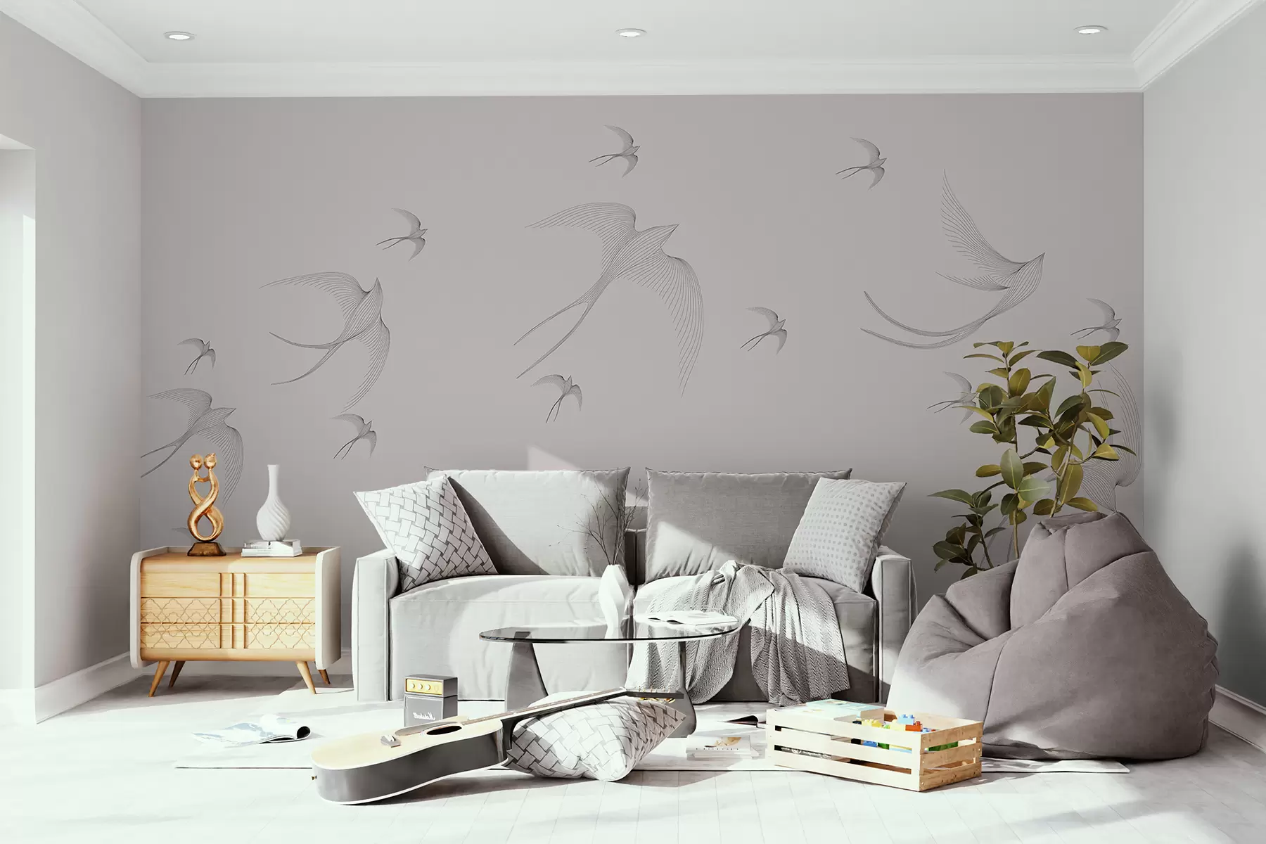 murales de pared Golondrinas lineales sobre un fondo gris-rosa w01264v2