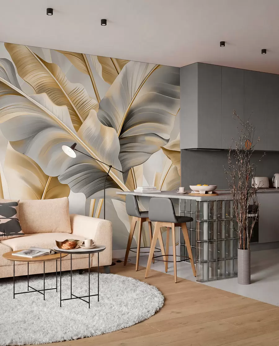 murales de pared lujosas hojas de plátano grandes en tonos gris-beige w07876