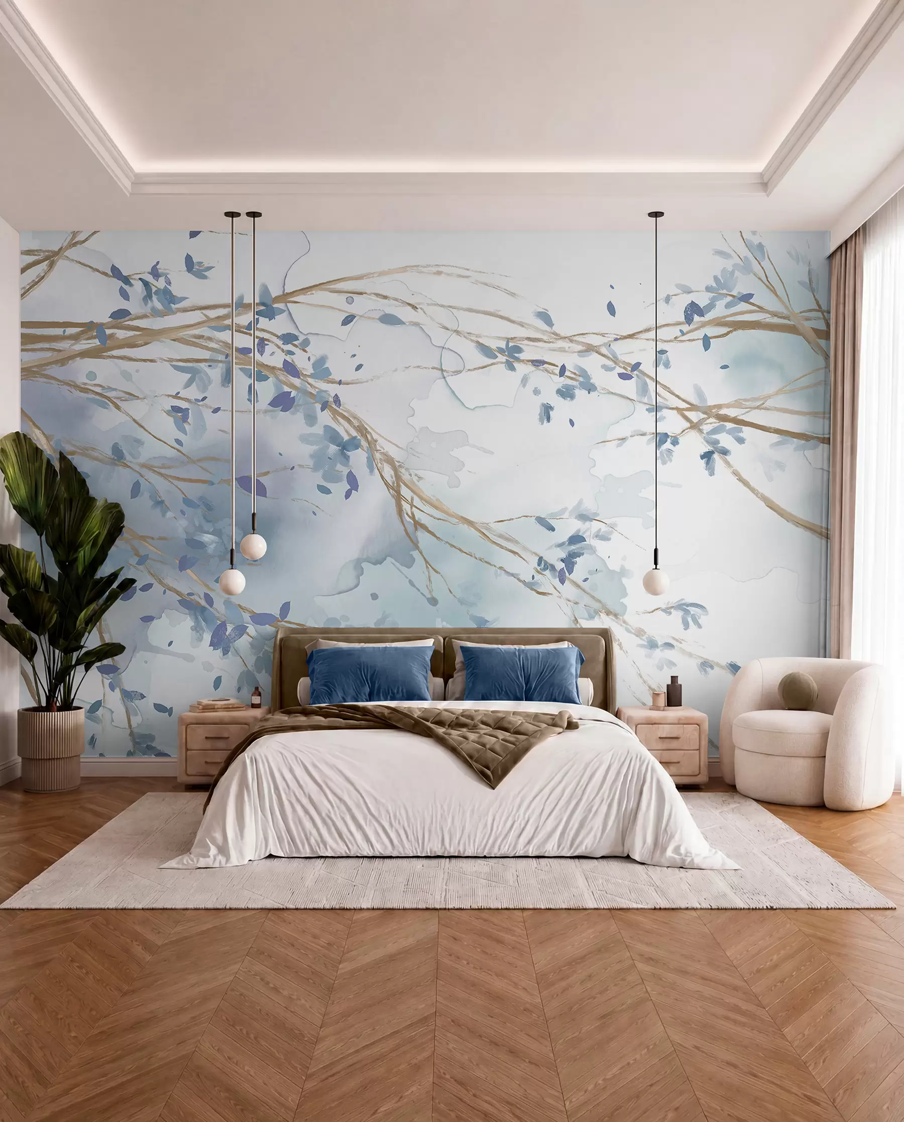 murales de pared Delicadas ramas florales azules y blancas con fondo de acuarela suave y borroso w07919
