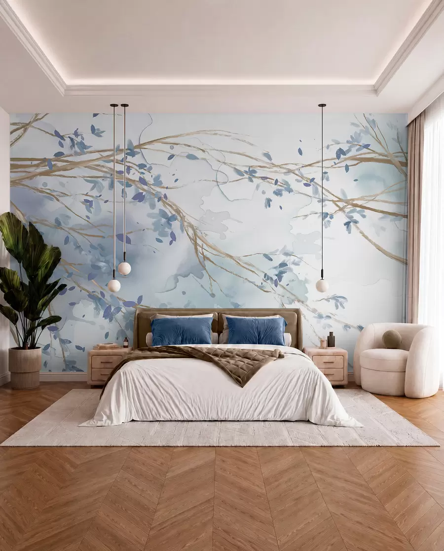 murales de pared Delicadas ramas florales azules y blancas con fondo de acuarela suave y borroso w07919