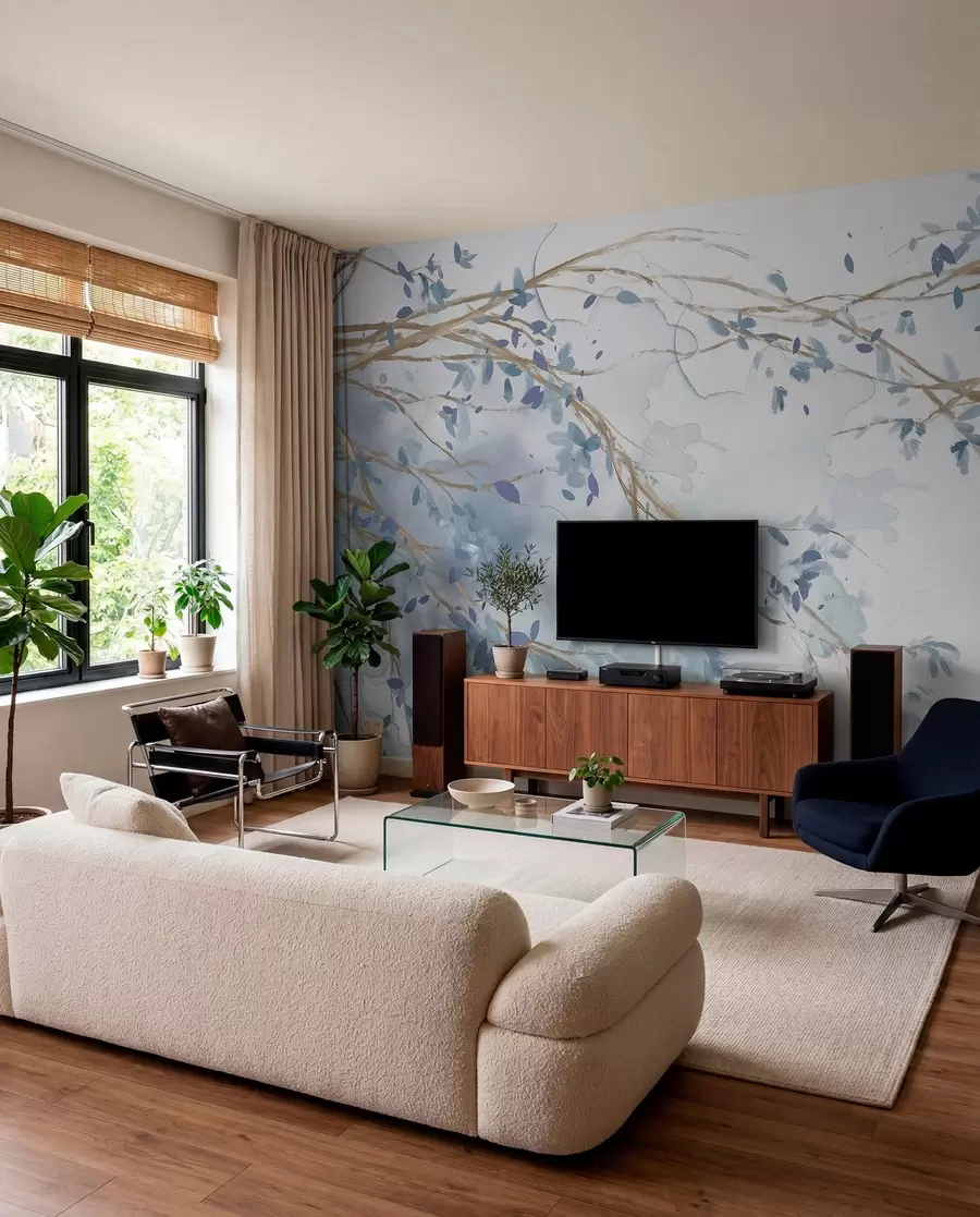murales de pared Delicadas ramas florales azules y blancas con fondo de acuarela suave y borroso w07919