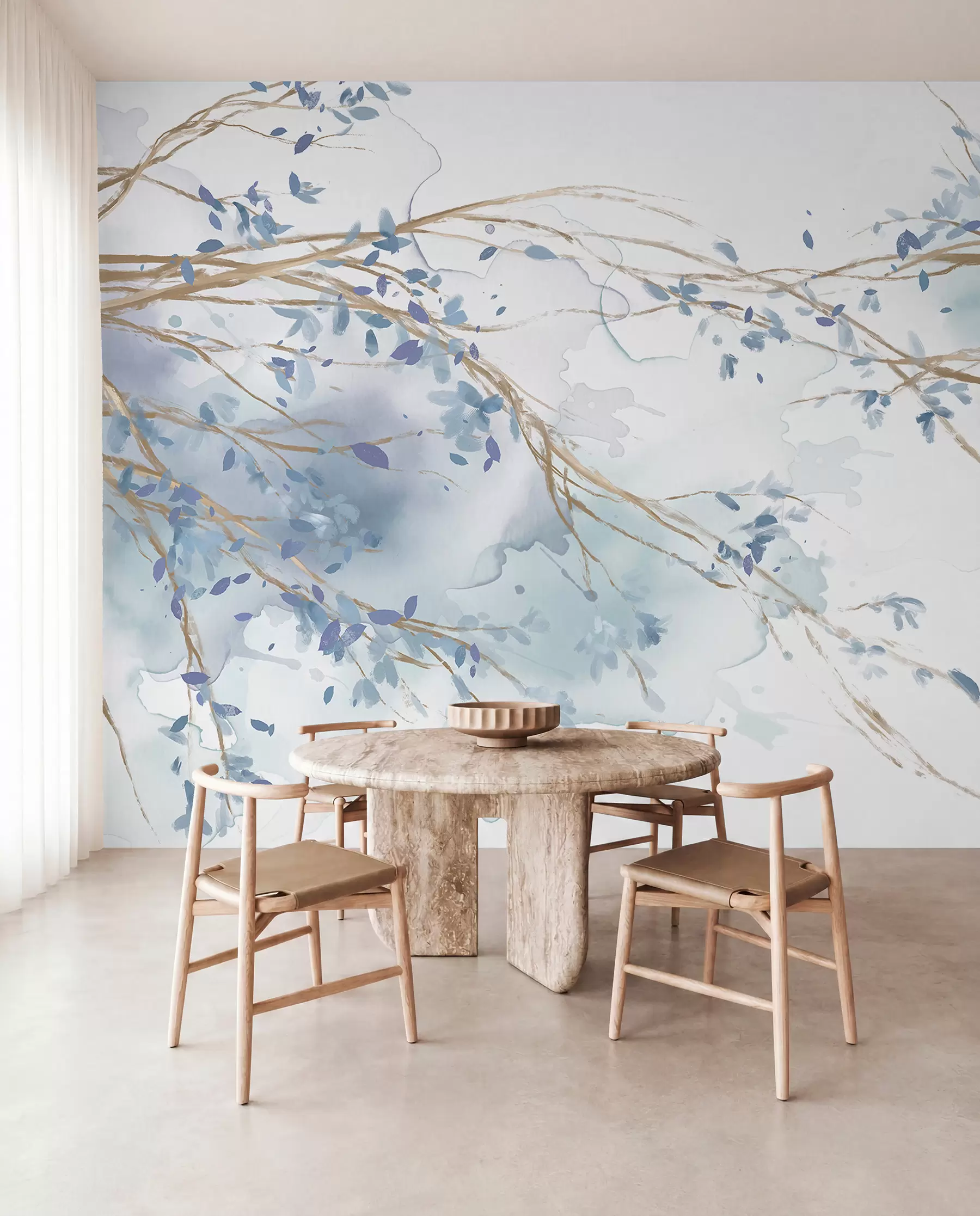 murales de pared Delicadas ramas florales azules y blancas con fondo de acuarela suave y borroso w07919