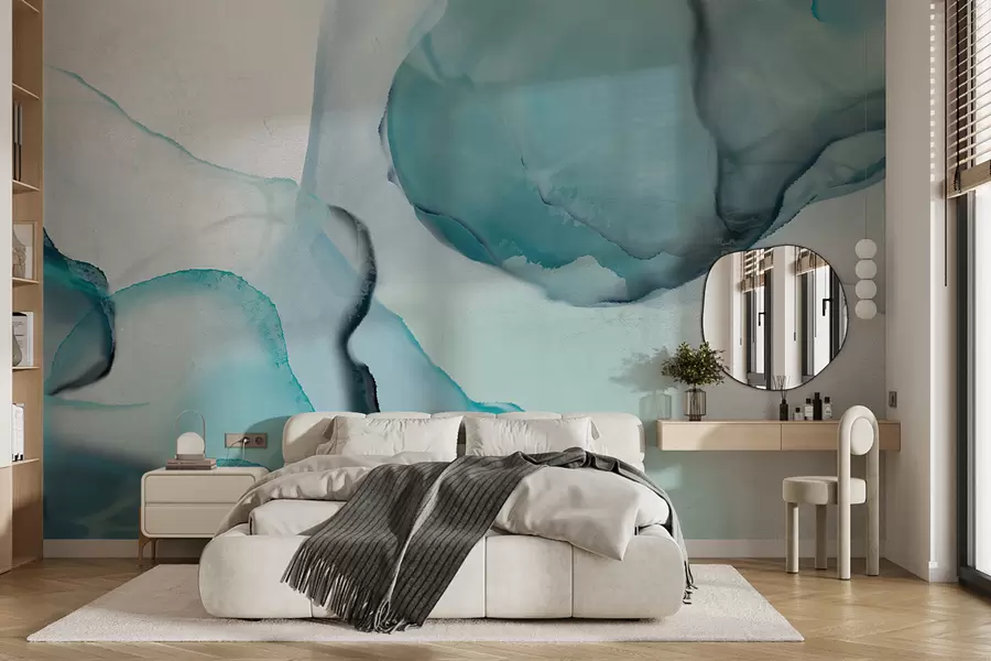 murales de pared Arte fluido abstracto en azul y blanco, que se asemeja a agua y tinta que fluyen w07927