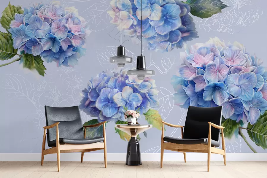 murales de pared Hortensias, dibujo acrílico, arte lineal, botánico, colores violetas. w07942v5