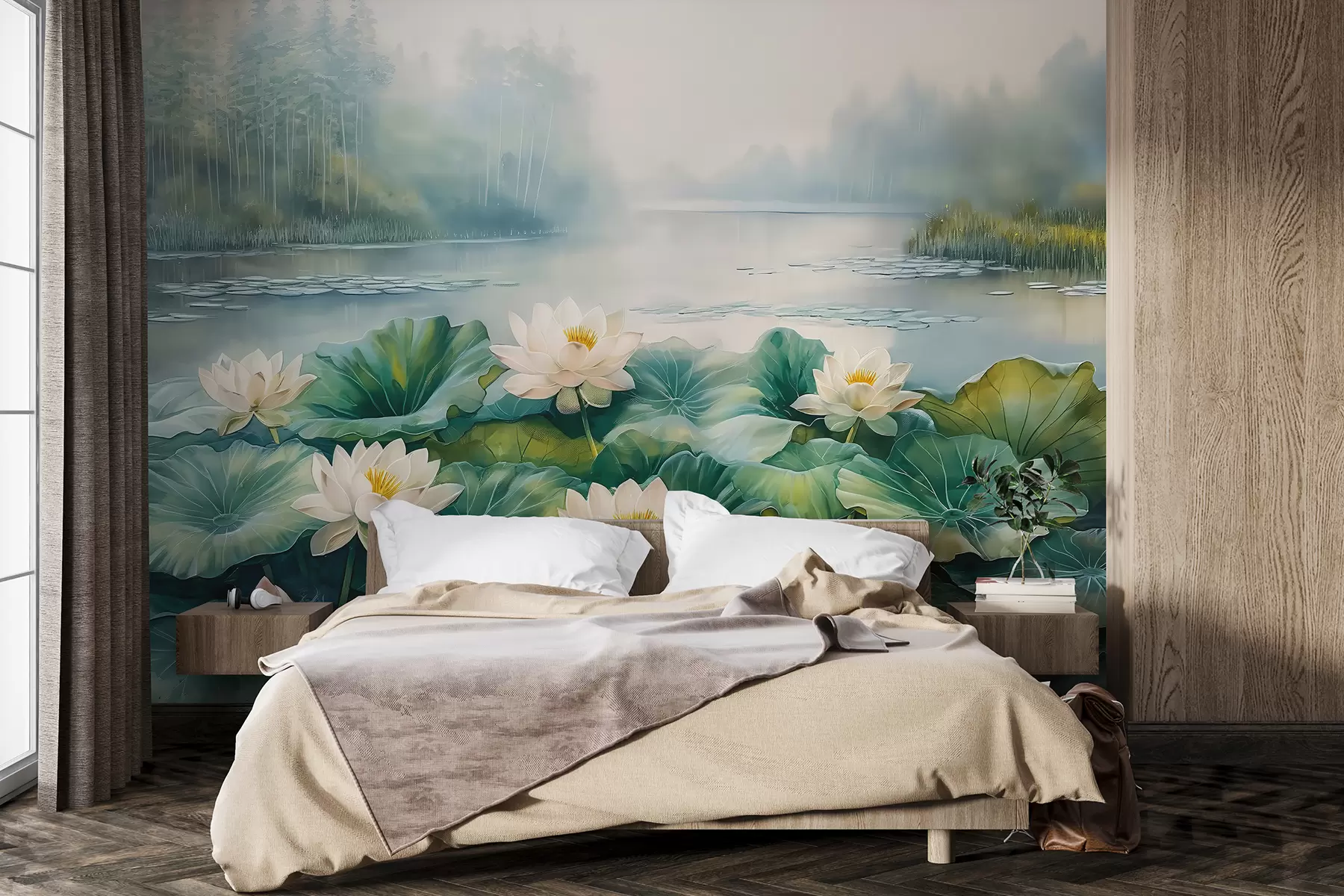 murales de pared Nenúfares, lago del bosque, dibujo acrílico, naturaleza, colores verde y blanco. w07957