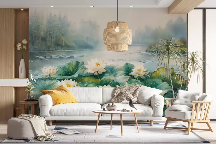 murales de pared Nenúfares, lago del bosque, dibujo acrílico, naturaleza, colores verde y blanco w07957
