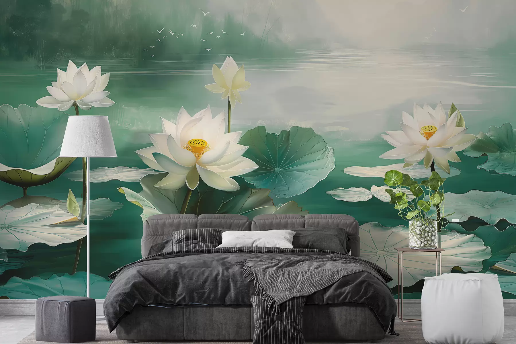 murales de pared Nenúfares en el lago, dibujo acrílico, naturaleza, colores verde y blanco w07958