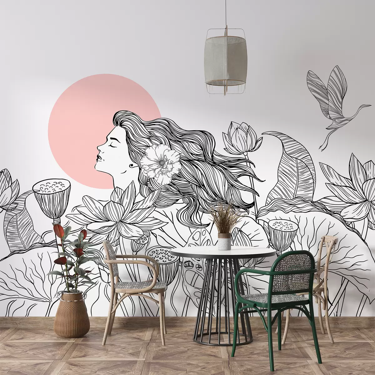 Murales de pared Mujer en la naturaleza, dibujo lineal, flores de loto, hojas grandes, pájaros voladores, color negro y rosa w07988v5 murales de pared Mujer en la naturaleza, dibujo lineal, flores de loto, hojas grandes, pájaros voladores, color negro y rosa w07988v5