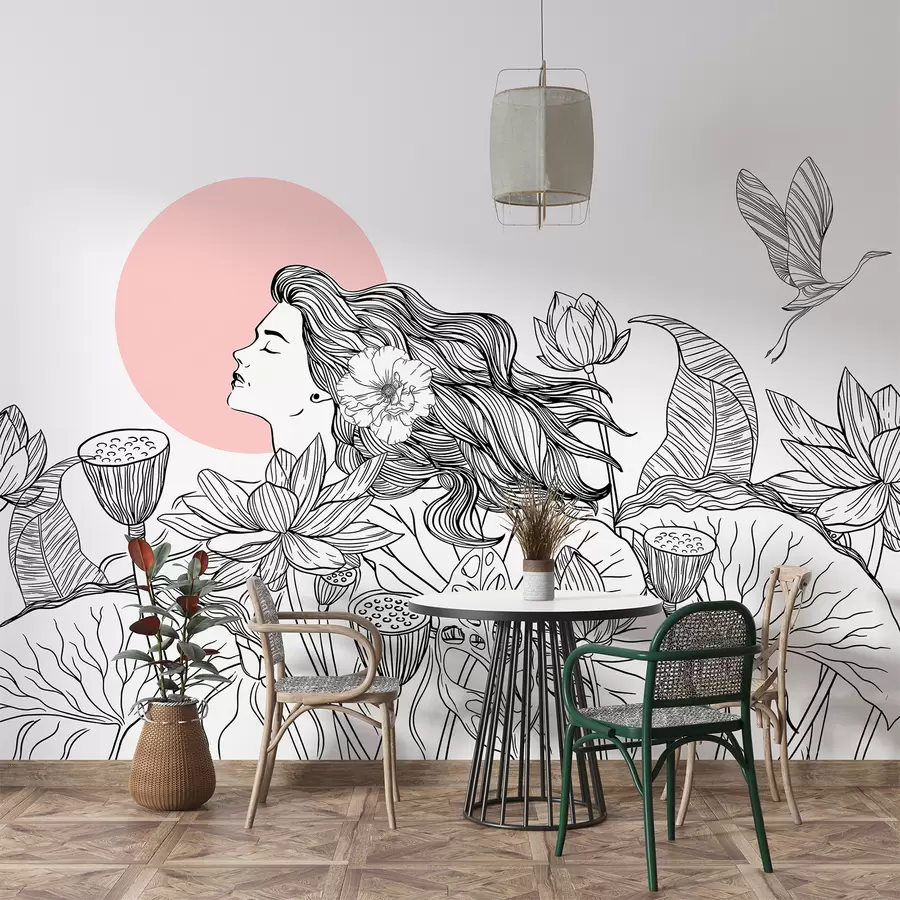 Murales de pared Mujer en la naturaleza, dibujo lineal, flores de loto, hojas grandes, pájaros voladores, color negro y rosa w07988v5 murales de pared Mujer en la naturaleza, dibujo lineal, flores de loto, hojas grandes, pájaros voladores, color negro y rosa w07988v5