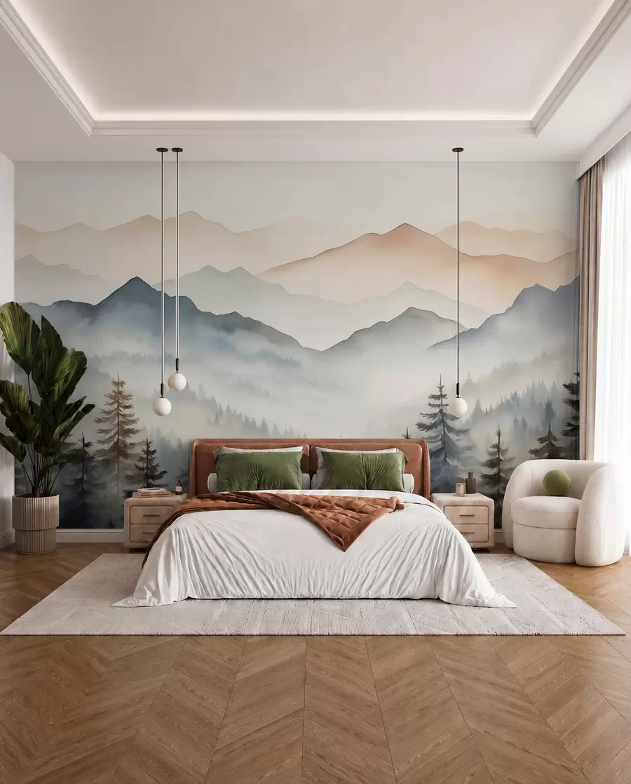 murales de pared Cordilleras contra la acuarela del bosque w08024