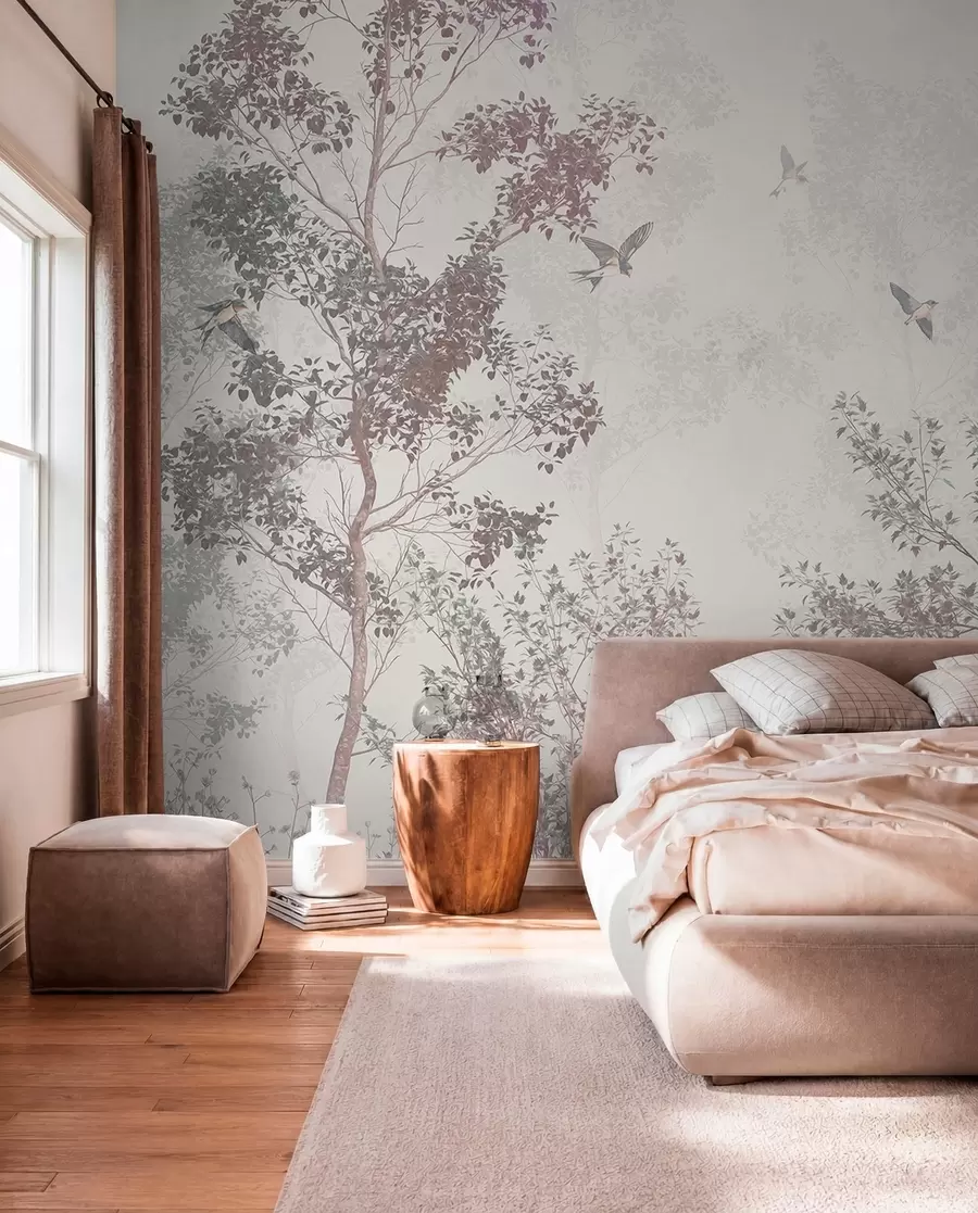 murales de pared Árboles con hojas y ramas marrones y grises con pájaros volando en el cielo, fondo blanco w07982