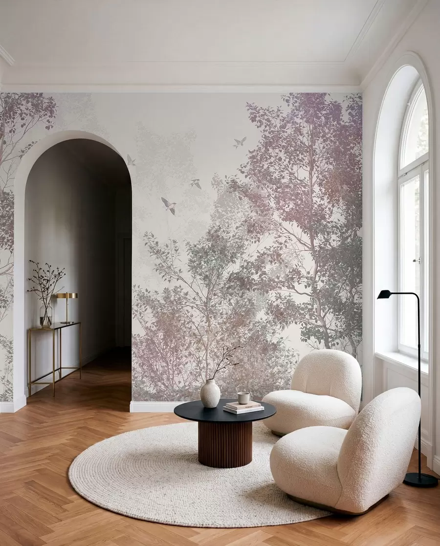 murales de pared Árboles con hojas y ramas marrones y grises con pájaros volando en el cielo, fondo blanco w07982