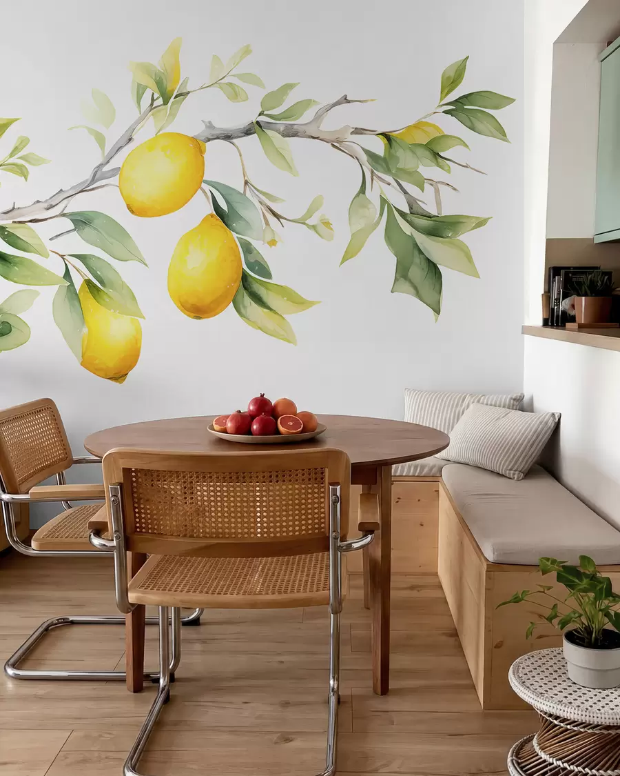 murales de pared Rama de acuarela con hojas y frutos de limón w08096