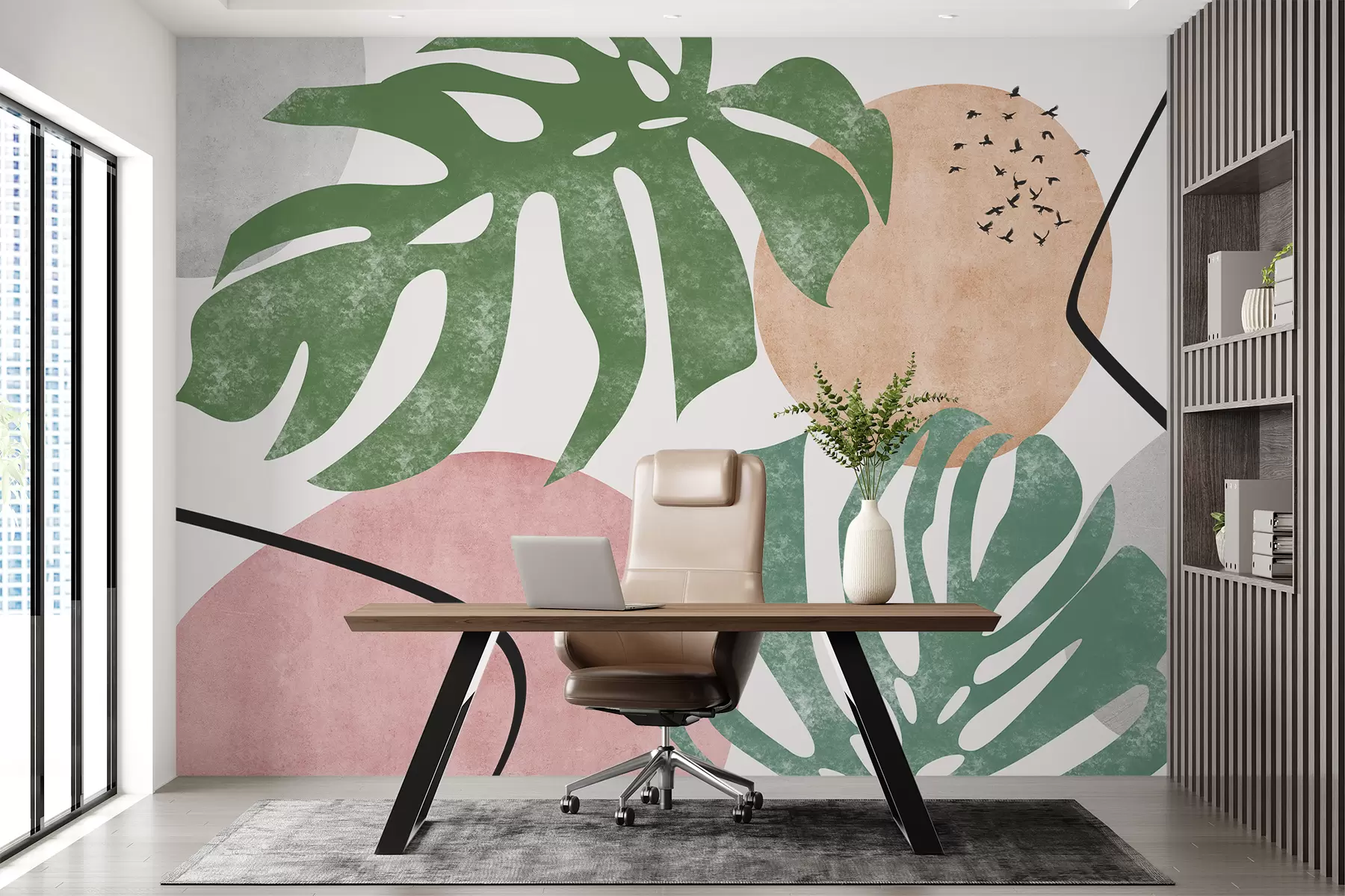 murales de pared Hojas texturizadas de monstera tropical, manchas geométricas, color rosa, verde w08098